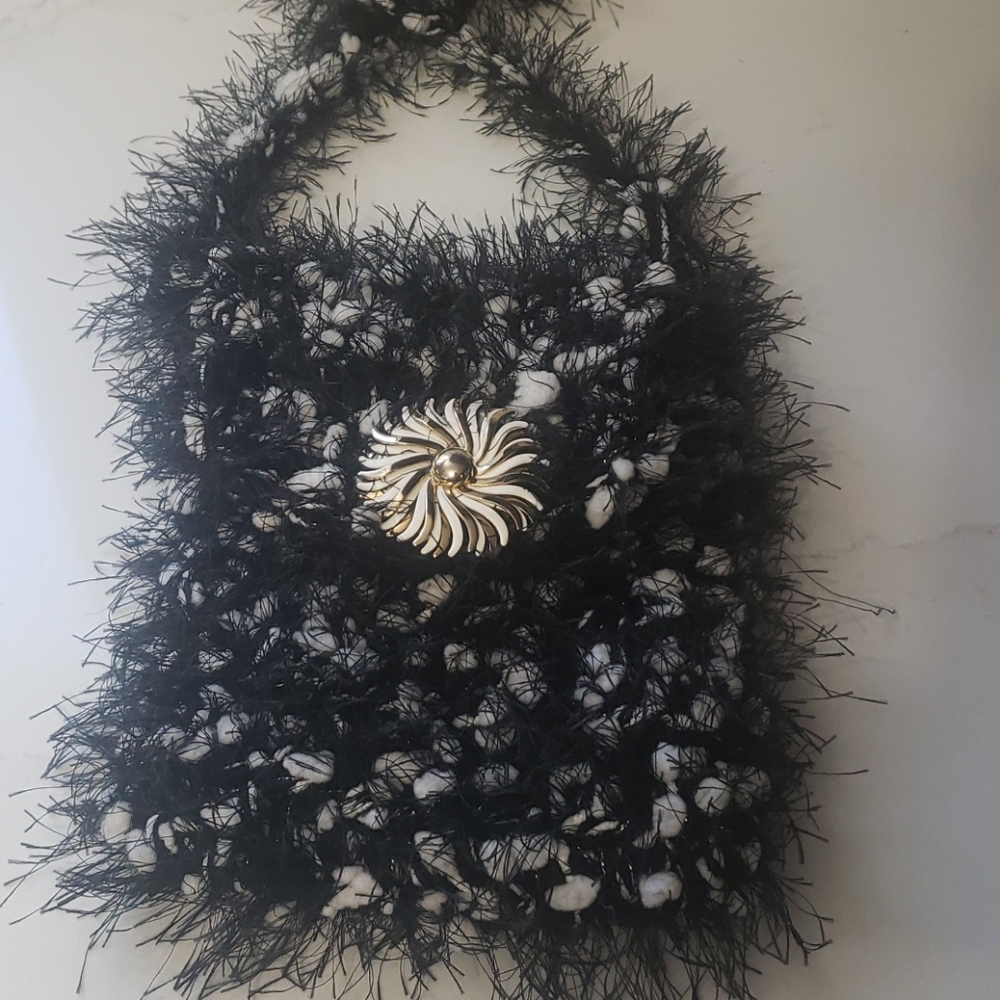 Handmade fuzzy knotty black and white purse crossbody - Picture 2 of 3